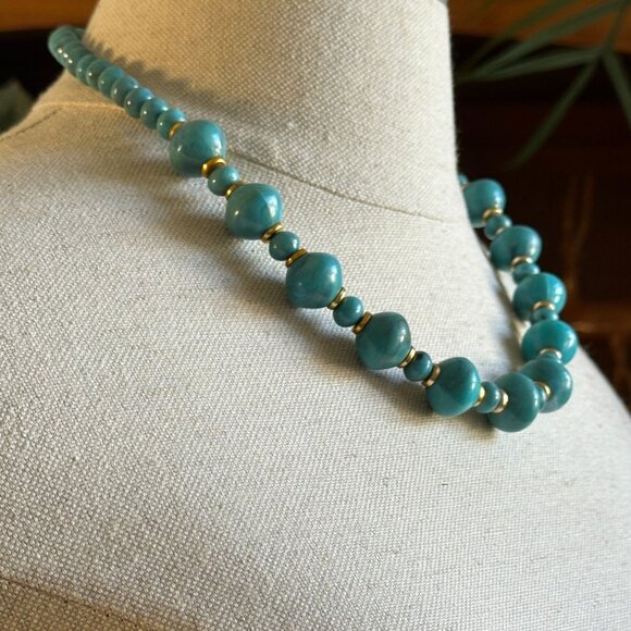 Vintage Turquoise Blue Molded Resin Beaded Necklace 20" With Gold-Tone Spacers - Picture 2 of 5